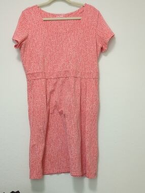 LL Bean Coral White Abstract Print Short Sleeve Knit Dress Women XL REG‎